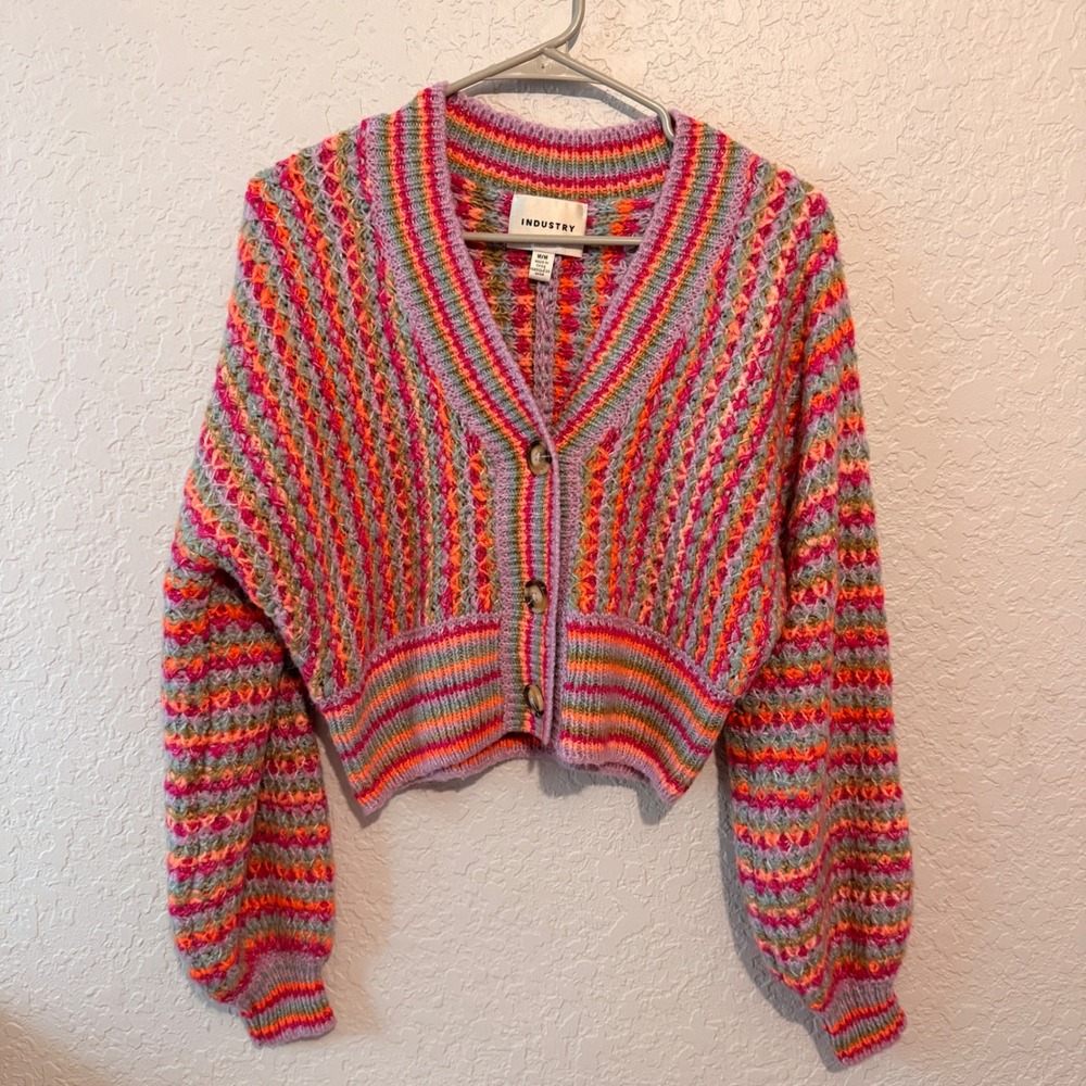Industry Multi-Color Striped Cropped Knit Cardigan Size M Boho Eclectic Retro
